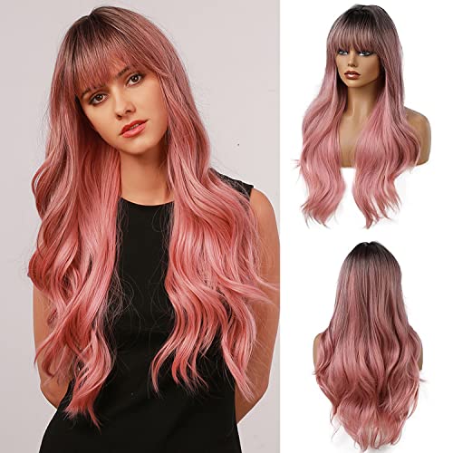 Esmee 24"Women Synthetic Wigs Natural Long Wavy Ombre Pink with Dark Roots＆Fluffy Air Bangs Light Cosplay Party Wigs