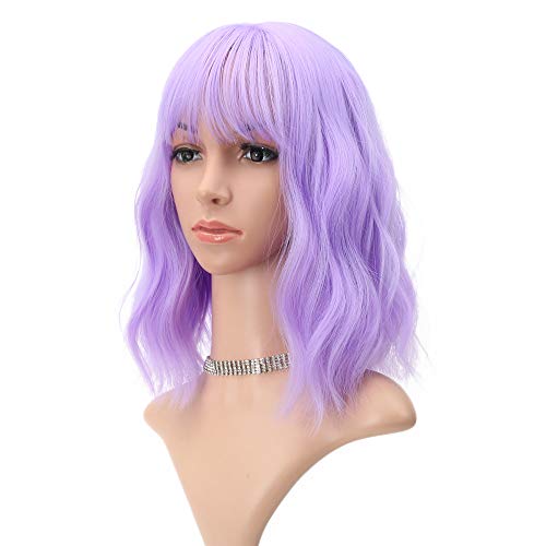 FAELBATY Wavy Wig Short Purple Wigs With Air Bangs Shoulder Length Women's Wig Curly Wavy Synthetic Halloween Cosplay Wig for Girl Costume Wigs Purple color