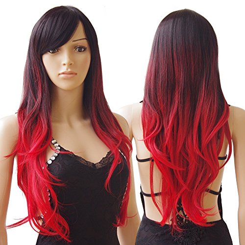 S-noilite® 28"/70CM Women's Long Full Head Wigs Natural Curly Wavy Hair Ombre Dark Roots Heat Resistant Synthetic Wig (27.5" Curly, Black to Red)