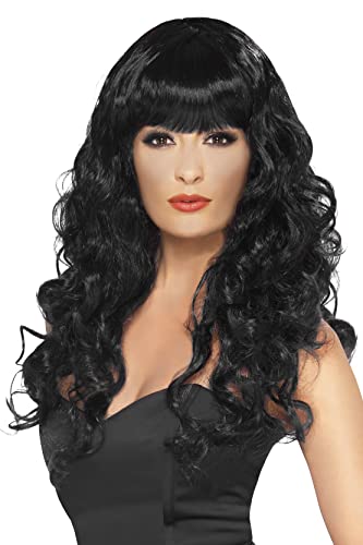 Smiffys - 42258 - Siren Wig, Black, Long, Curly with Fringe - Size - One Size