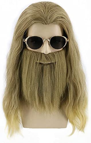 Topcosplay Fat Thor Wig with Beard Mens Long Curly Ash Blonde Wig Halloween Costume Wigs