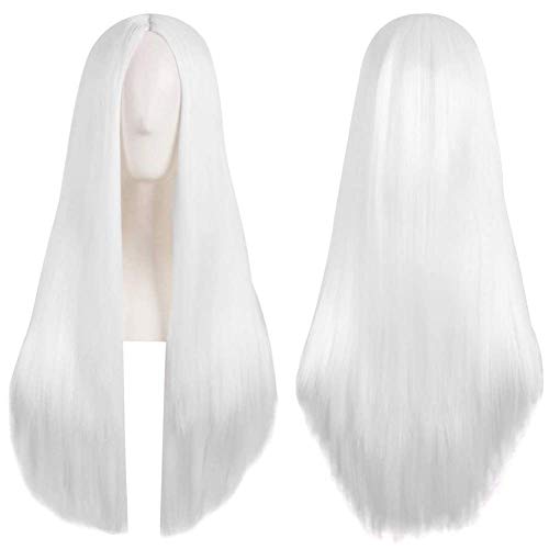 Colorful panda White Long Wigs for Women Long Straight Synthetic Hair Wig Middle Part for Party Cosplay Halloween Anime