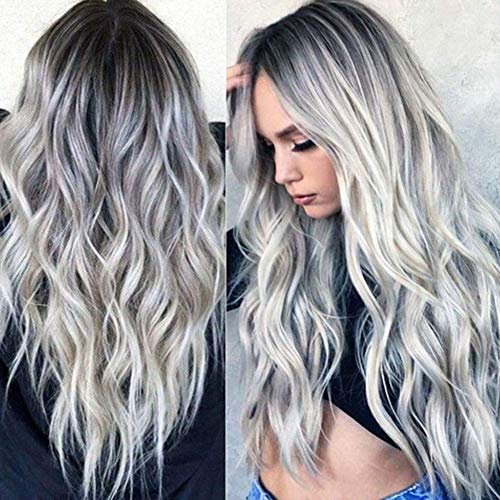 Synthetic Wig, Ombre Silver Grey Wave Natural Looking Long Wavy Full Heat Resistant Daily Wigs