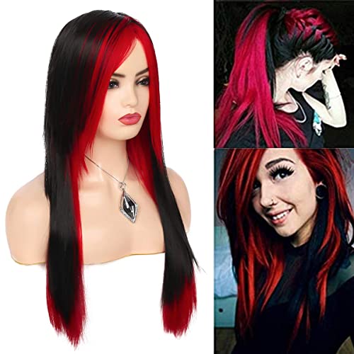 Red Black Wig Long Straight Synthetic Hair Wigs for Women Heat Resistant Bangs Wig Cosplay Halloween Party Girls Wig