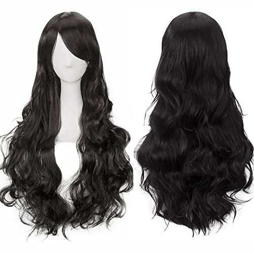 YEESHEDO 32" 80 cm Long Wavy Curly Hair Cosplay Wigs with Bangs for Women Girls Heat Resistant Synthetic Wig for Party Costume Anime Halloween (Black)