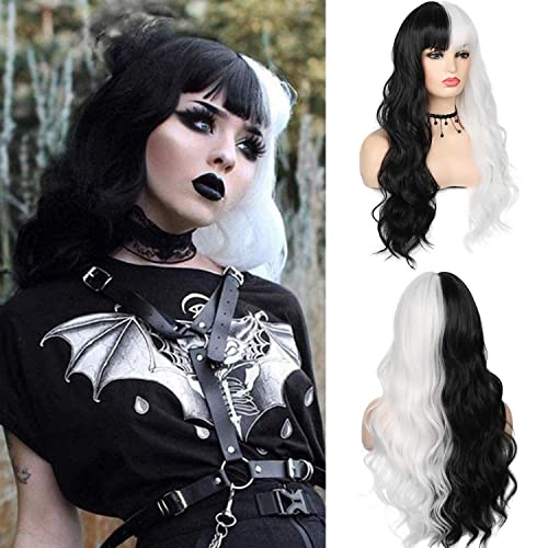 Beweig Half Black Half White Wig with Fringe Long Curly Wavy Synthetic Hair Wigs for Women Halloween Cosplay Party Daily