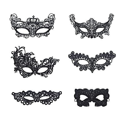 6 Packs Masquerade Mask Women Venetian Eye Mask Sexy Lace Mask for Halloween Masquerade Carnival Party Costume Ball, Black