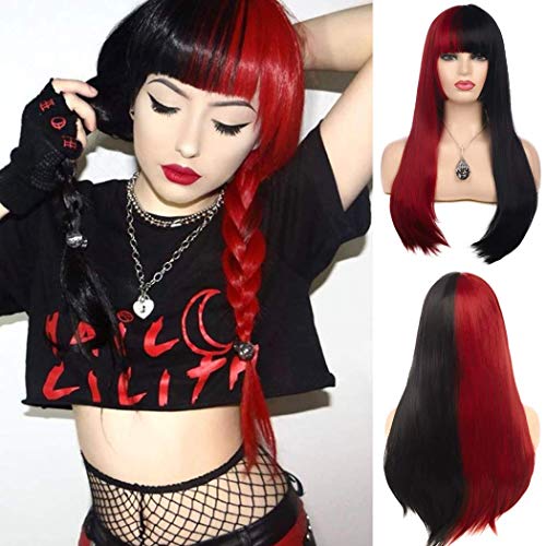 Beweig Wigs for Women Half Red Half Black Long Straight Hair Wig with Bangs Synthetic Cosplay Halloween Party 25.5inch