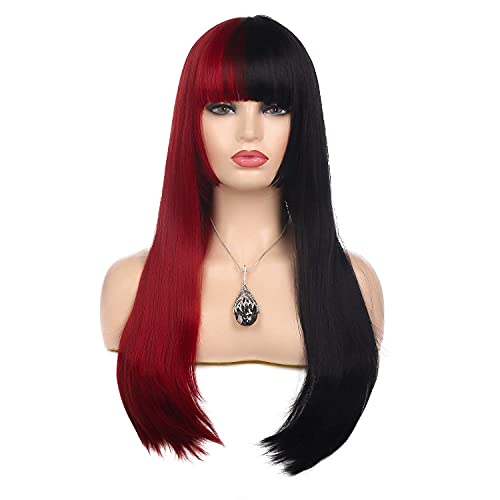 Beweig Wigs for Women Half Red Half Black Long Straight Hair Wig with Bangs Synthetic Cosplay Halloween Party 25.5inch