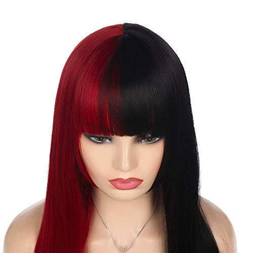 Beweig Wigs for Women Half Red Half Black Long Straight Hair Wig with Bangs Synthetic Cosplay Halloween Party 25.5inch
