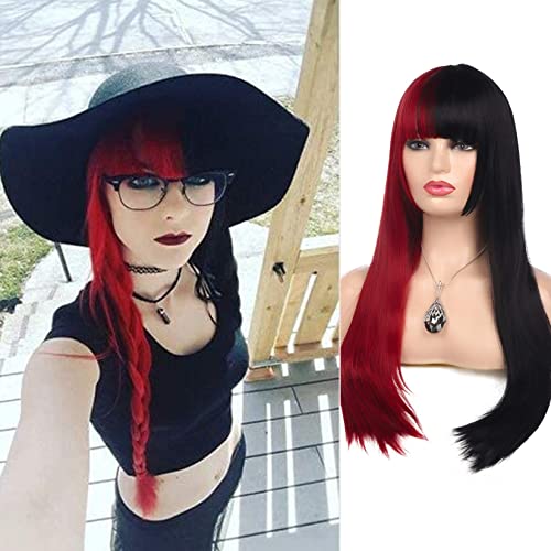 Beweig Wigs for Women Half Red Half Black Long Straight Hair Wig with Bangs Synthetic Cosplay Halloween Party 25.5inch