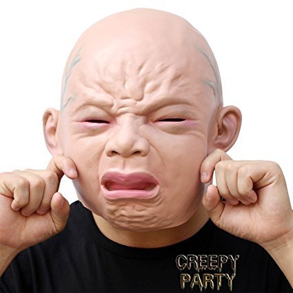 CreepyParty Crying Baby Face Mask Human Realistic Latex Full Head Masks for Halloween Costume Party Carnival Cosplay
