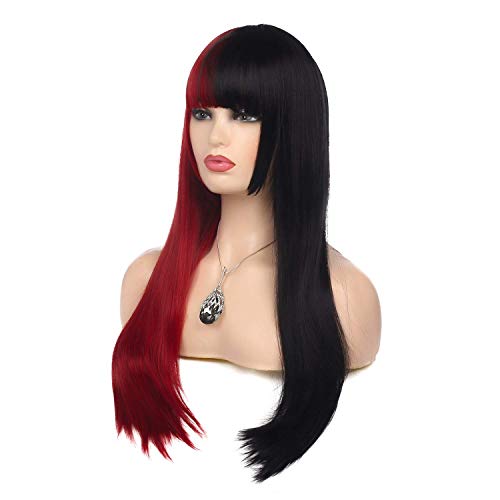 Beweig Wigs for Women Half Red Half Black Long Straight Hair Wig with Bangs Synthetic Cosplay Halloween Party 25.5inch