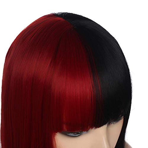 Beweig Wigs for Women Half Red Half Black Long Straight Hair Wig with Bangs Synthetic Cosplay Halloween Party 25.5inch
