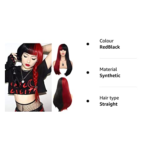Beweig Wigs for Women Half Red Half Black Long Straight Hair Wig with Bangs Synthetic Cosplay Halloween Party 25.5inch