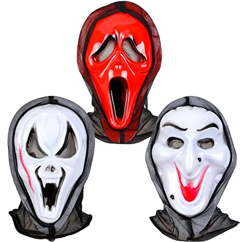 Qpout 3 Scream Masks for Adults/Kids, Halloween Scary Masks, Skull Cosplay Mask Anonymous Mask, Halloween Dress Party Masquerade Scary Mask Bar Mask for Men Women, 2 White 1 Red