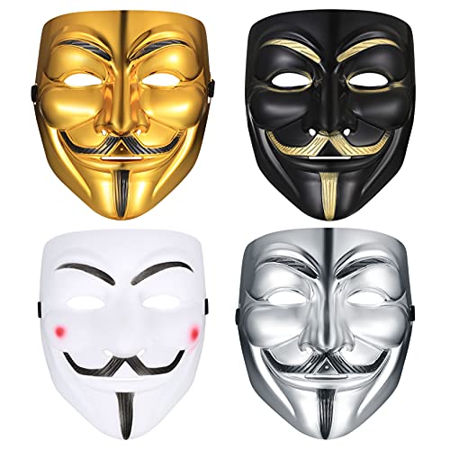 4 Pcs V for Vendetta Guy Mask, Halloween Costume Cosplay Party Mask, Anonymous Mask, Adults Kids Unisex Carnival Mask for Halloween Cosplay Party Gifts - 4 Colours