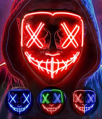 AnanBros Scary LED Halloween Mask, Light up Mask Cosplay, LED Rave Face Mask Costume 3 Lighting Modes, Halloween Face Masks for Men Women Kids - Red