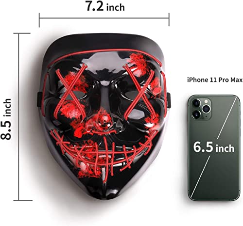 AnanBros Scary LED Halloween Mask, Light up Mask Cosplay, LED Rave Face Mask Costume 3 Lighting Modes, Halloween Face Masks for Men Women Kids - Red