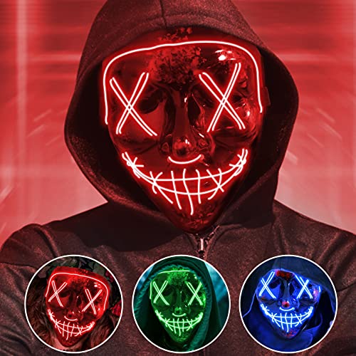 Jsdoin sdoin Halloween Masks, Scary LED Purge Mask, Light up Mask Cosplay, LED Rave Face Mask Costume 3 Lighting Modes, Halloween Face Masks for Men Women Kids (Red)