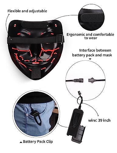 AnanBros Scary LED Halloween Mask, Light up Mask Cosplay, LED Rave Face Mask Costume 3 Lighting Modes, Halloween Face Masks for Men Women Kids - Red