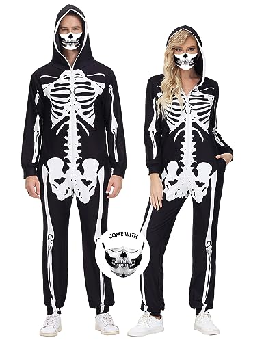 Rubehoow Halloween Costume Onesie with Front and Back 3D Skeleton Print Jumpsuit for 2023 Halloween Party, L