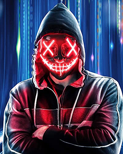 AnanBros Scary LED Halloween Mask, Light up Mask Cosplay, LED Rave Face Mask Costume 3 Lighting Modes, Halloween Face Masks for Men Women Kids - Red