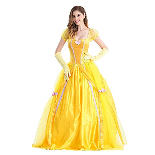 IWEMEK Women Belle Dress with Gloves Adult Princess Fancy Dress Up Outfits Halloween Party Carnival Costume Fairy Tale Beauty and The Beast Cosplay Stage Performance Dance Yellow Long Gown S