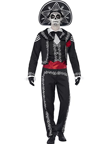 Smiffys Adult men's Day of the Dead Señor Bones Costume, Jacket, trousers, Mock Shirt and Hat, Day of the Dead, Halloween, Size M, 43738,Black