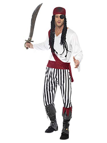 Smiffys Pirate Man Costume with Shirt, Pants, Headband and Belt, Black / White, L
