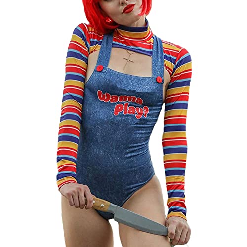Women's 2 Pcs Halloween Costumes Scary Nightmare Killer Doll Wanna Play Movie Character Dress Chucky Doll Costume Set