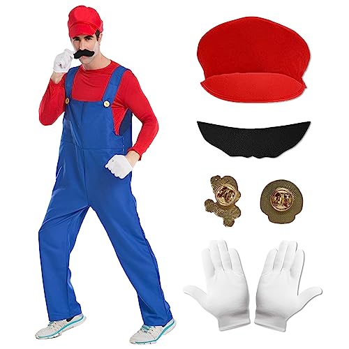 Maryparty Mario Costume Mario Fancy Dress Costume Set for Adults (Red, Adults-M)