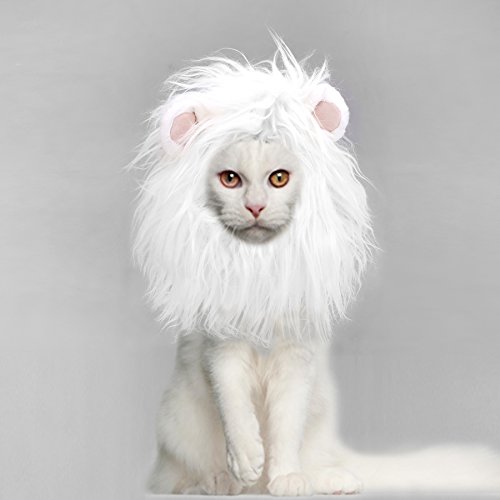 Onmygogo Lion Mane Wig for Cats and Dogs, Funny Pet Cat Costumes for Halloween Christmas, Furry Pet Clothing Accessories (S, White)
