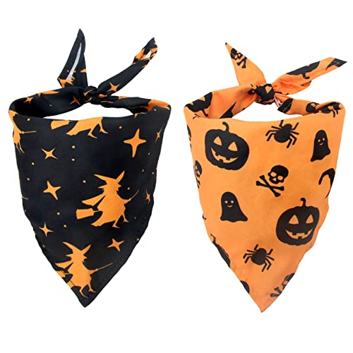 Halloween Dog Bandanas, 2pcs Washable Halloween Witch Pumpkin Pattern Dog Scarf, Adjustable Triangle Cat Dog Neckerchief, Halloween Pet Costume Accessories for Puppy Small Medium Large Dogs