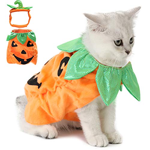 Legendog Cat Halloween Costume,Cat Halloween Apparel Pumpkin Design Funny Pet Clothing Halloween Cat Outfit with Pumpkin Headwear for Cats and Puppy