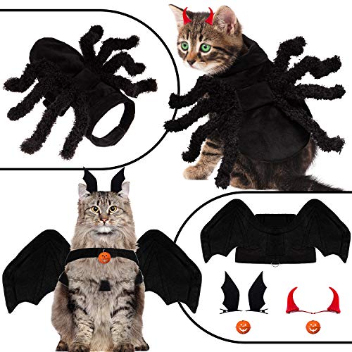 Whaline Halloween Pet Costume Set Pet Funny Apparel Including Bat Wings Spider Clothes, Bat Hairpin Little Devil Horn Hairpin, Pumpkin Bell for Dogs Puppy Cats Party Dress Up