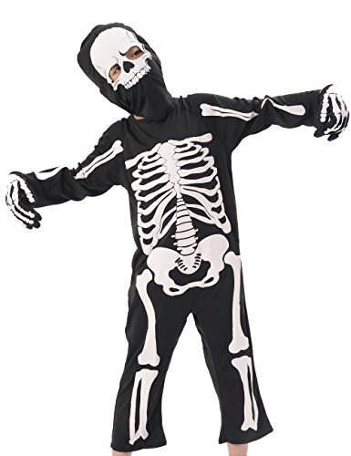 IKALI Kids Skeleton Costumes, Halloween Scary Dress Up, Skull Outfit for Carnival Party, World Book Day 3-4 Years