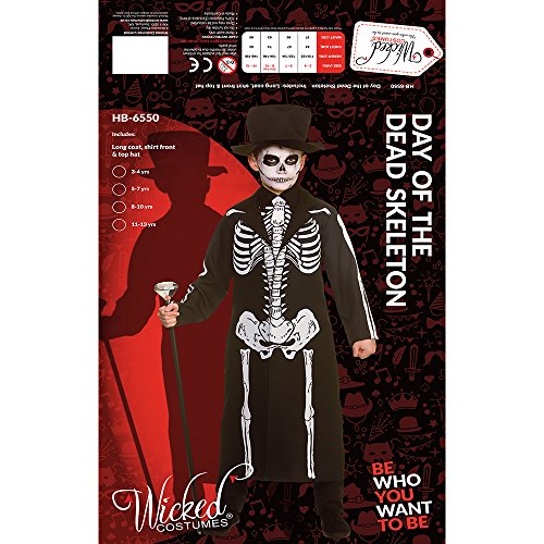 Kids Boys Day of the Dead Skeleton Halloween Fancy Dress Costume, Black & White, 8-10 years