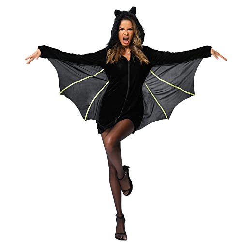 FunsLane Halloween Costumes Women's Animal Black Bat Wings Costume, Vampire Outfit Suit Fancy Dress Halloween Party Cosplay Outfit for Adult Ladies