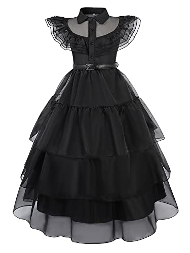 Marendyee Wednesday Addams Dress Kids Flying Sleeve Addams Costume Halloween Cosplay Children Black Tulle Dress Role Play Party Dresses 11-12 Years