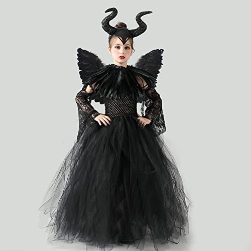 IBTOM CASTLE Maleficent Costume Kids, Girls Evil Queen Fancy Dress Up Princess Tutu Dress Horns Headband Wings Child Magic Wizard Halloween Cosplay Masquerade Outfit #Black（5pcs） 8-10 Years