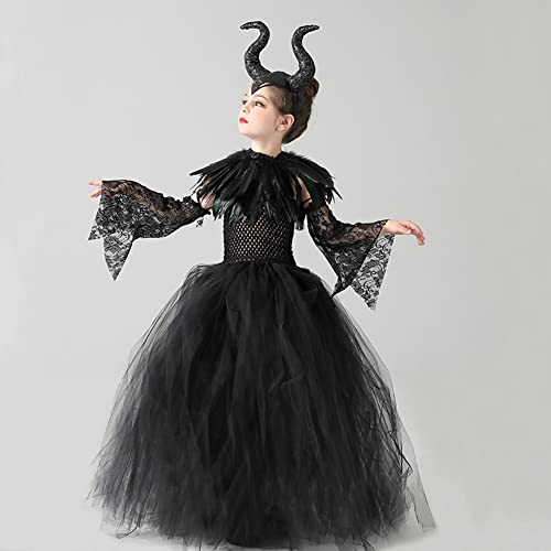 IBTOM CASTLE Maleficent Costume Kids, Girls Evil Queen Fancy Dress Up Princess Tutu Dress Horns Headband Wings Child Magic Wizard Halloween Cosplay Masquerade Outfit #Black（5pcs） 8-10 Years