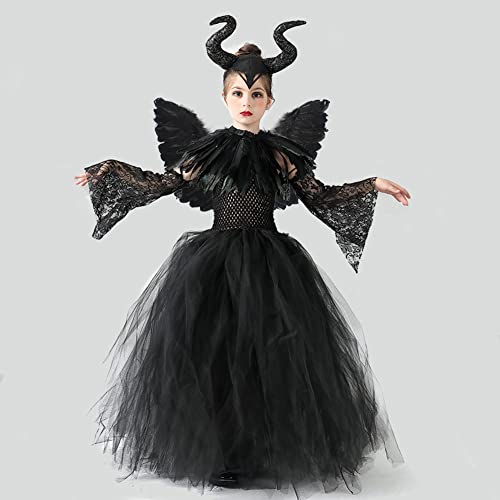 IBTOM CASTLE Maleficent Costume Kids, Girls Evil Queen Fancy Dress Up Princess Tutu Dress Horns Headband Wings Child Magic Wizard Halloween Cosplay Masquerade Outfit #Black（5pcs） 8-10 Years