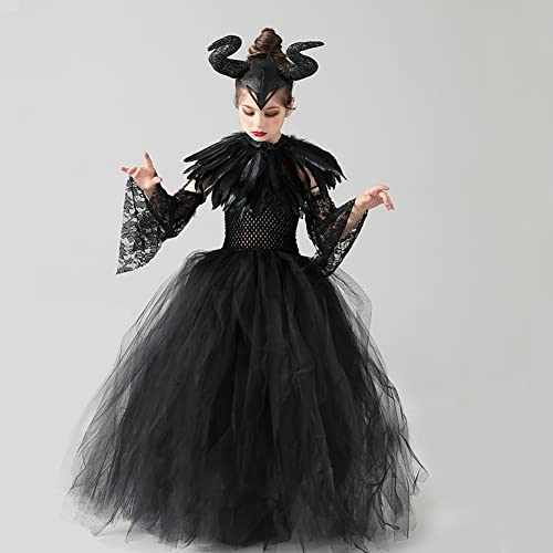 IBTOM CASTLE Maleficent Costume Kids, Girls Evil Queen Fancy Dress Up Princess Tutu Dress Horns Headband Wings Child Magic Wizard Halloween Cosplay Masquerade Outfit #Black（5pcs） 8-10 Years