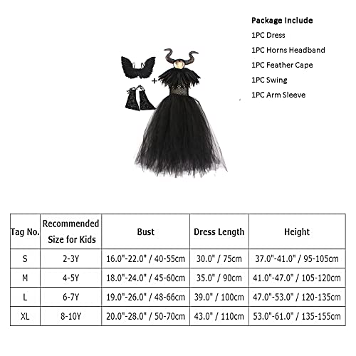 IBTOM CASTLE Maleficent Costume Kids, Girls Evil Queen Fancy Dress Up Princess Tutu Dress Horns Headband Wings Child Magic Wizard Halloween Cosplay Masquerade Outfit #Black（5pcs） 8-10 Years
