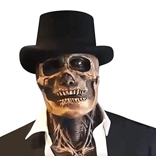 SINSEN The Latest Skeleton Biochemical Mask Black Hat Scary Skull Mask Creepy Full Head Mask Moving Jaw Halloween Cosplay Props for Adults