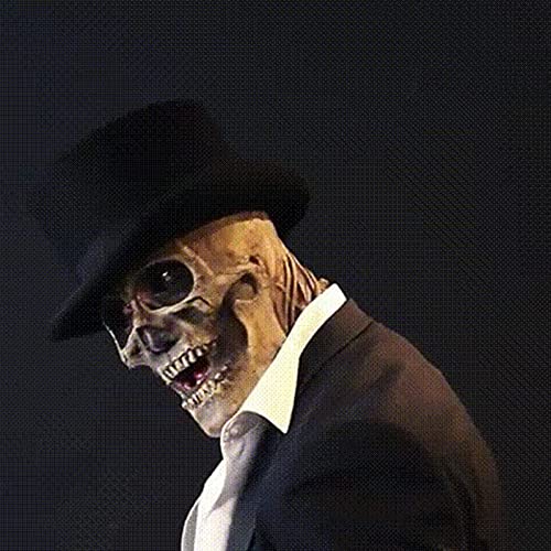 SINSEN The Latest Skeleton Biochemical Mask Black Hat Scary Skull Mask Creepy Full Head Mask Moving Jaw Halloween Cosplay Props for Adults