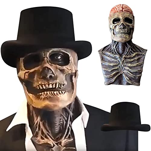 SINSEN The Latest Skeleton Biochemical Mask Black Hat Scary Skull Mask Creepy Full Head Mask Moving Jaw Halloween Cosplay Props for Adults
