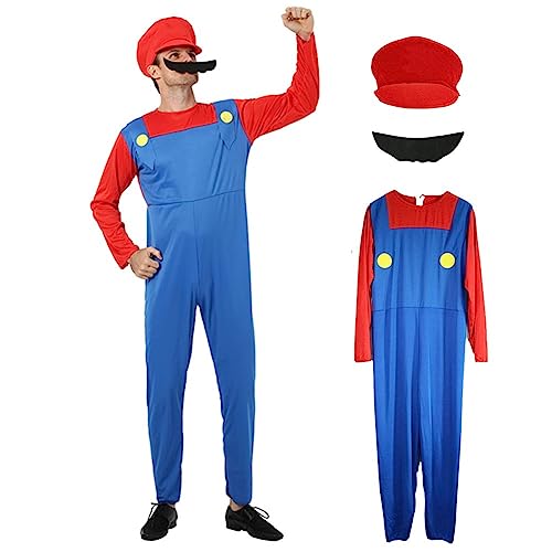 DreamJing Mario Costume Adults Men, Super Mario Luigi Bros Cosplay Halloween Fancy Dress Outfits Jumpsuit with Hat and Mustache Red (COSATC03065-L-MCUK-41740)
