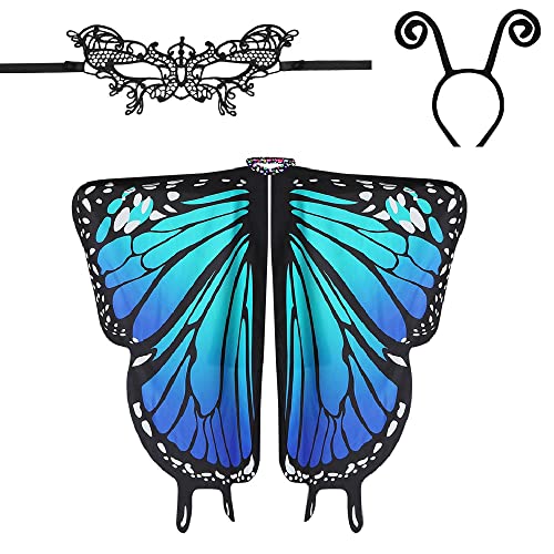 EMAGEREN Butterfly Wings Adult Butterfly Wings Costume Adult Women Butterfly Wings Shawl Fairy Ladies Cape Nymph Pixie Costume Accessory with Headband and Lace Mask for Christmas Halloween Cosplay